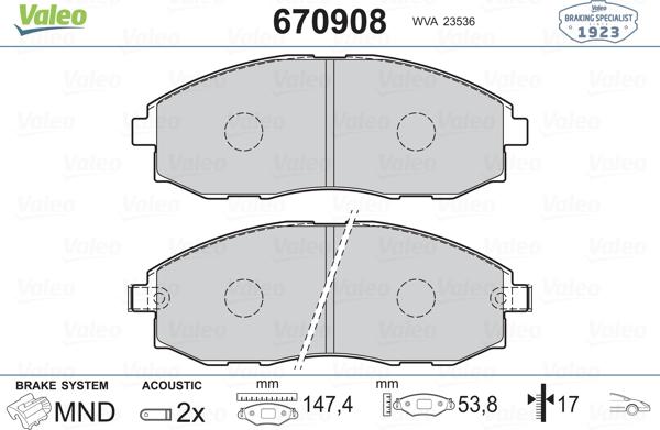 Valeo 670908 - Комплект спирачно феродо, дискови спирачки vvparts.bg