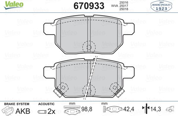 Valeo 670933 - Комплект спирачно феродо, дискови спирачки vvparts.bg