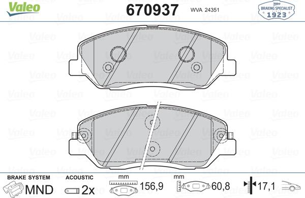 Valeo 670937 - Комплект спирачно феродо, дискови спирачки vvparts.bg