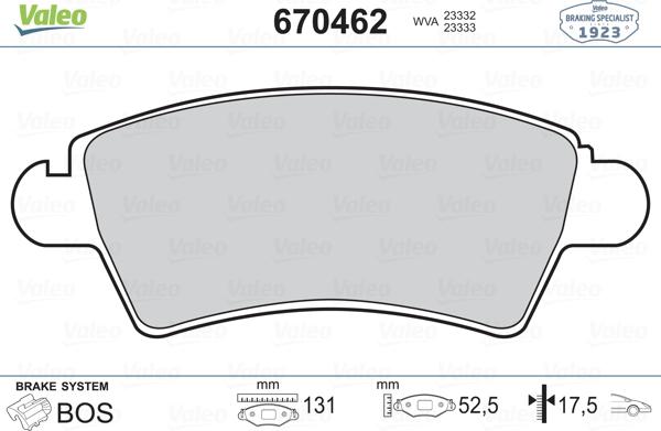 Valeo 670462 - Комплект спирачно феродо, дискови спирачки vvparts.bg