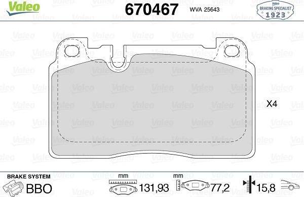 Valeo 670467 - Комплект спирачно феродо, дискови спирачки vvparts.bg