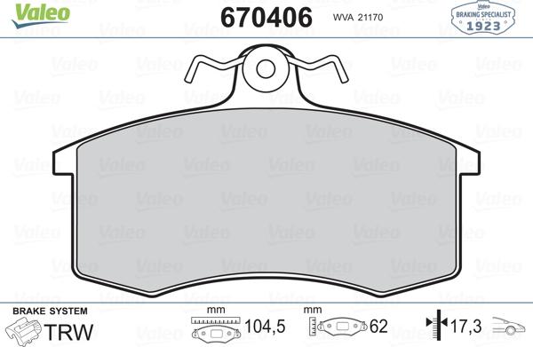 Valeo 670406 - Комплект спирачно феродо, дискови спирачки vvparts.bg