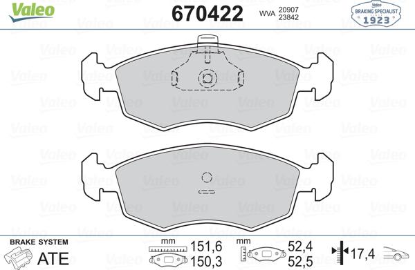 Valeo 670422 - Комплект спирачно феродо, дискови спирачки vvparts.bg