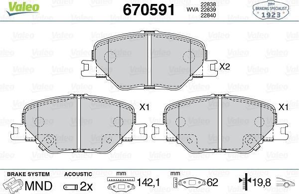 Valeo 670591 - Комплект спирачно феродо, дискови спирачки vvparts.bg