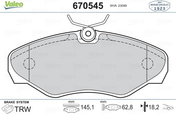 Valeo 670545 - Комплект спирачно феродо, дискови спирачки vvparts.bg