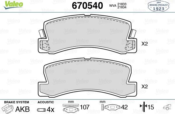 Valeo 670540 - Комплект спирачно феродо, дискови спирачки vvparts.bg