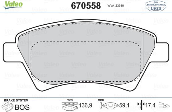 Valeo 670558 - Комплект спирачно феродо, дискови спирачки vvparts.bg