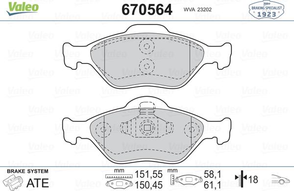 Valeo 670564 - Комплект спирачно феродо, дискови спирачки vvparts.bg