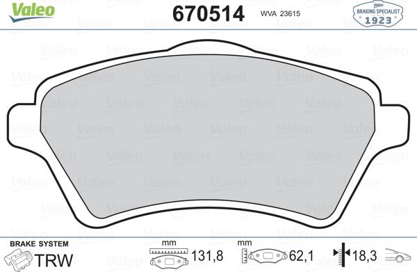 Valeo 670514 - Комплект спирачно феродо, дискови спирачки vvparts.bg