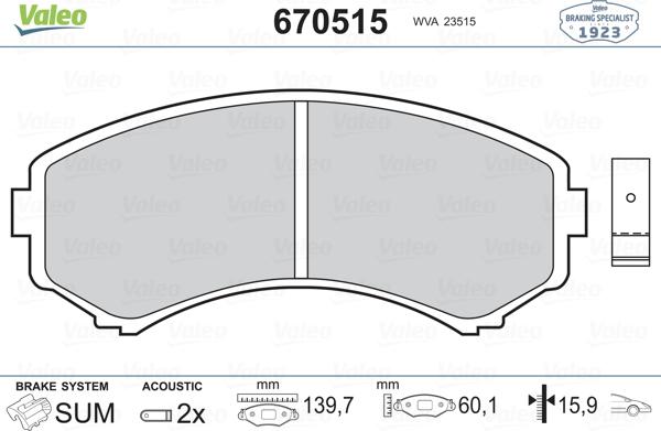 Valeo 670515 - Комплект спирачно феродо, дискови спирачки vvparts.bg