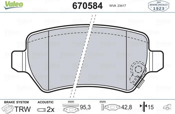 Valeo 670584 - Комплект спирачно феродо, дискови спирачки vvparts.bg