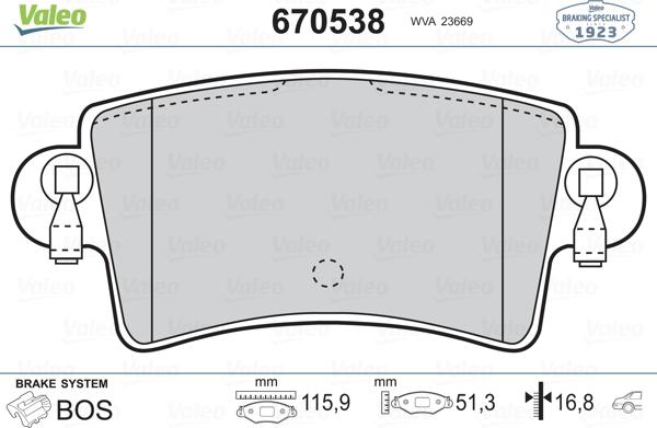 Valeo 670538 - Комплект спирачно феродо, дискови спирачки vvparts.bg