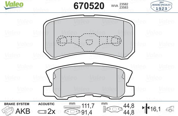 Valeo 670520 - Комплект спирачно феродо, дискови спирачки vvparts.bg