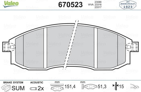 Valeo 670523 - Комплект спирачно феродо, дискови спирачки vvparts.bg