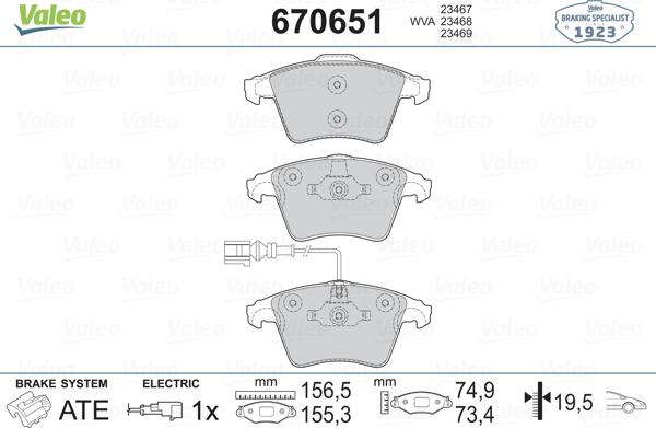 Valeo 670651 - Комплект спирачно феродо, дискови спирачки vvparts.bg