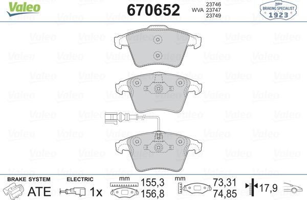 Valeo 670652 - Комплект спирачно феродо, дискови спирачки vvparts.bg