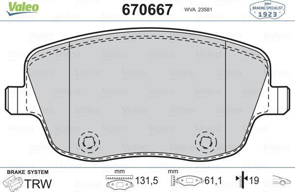 Valeo 670667 - Комплект спирачно феродо, дискови спирачки vvparts.bg