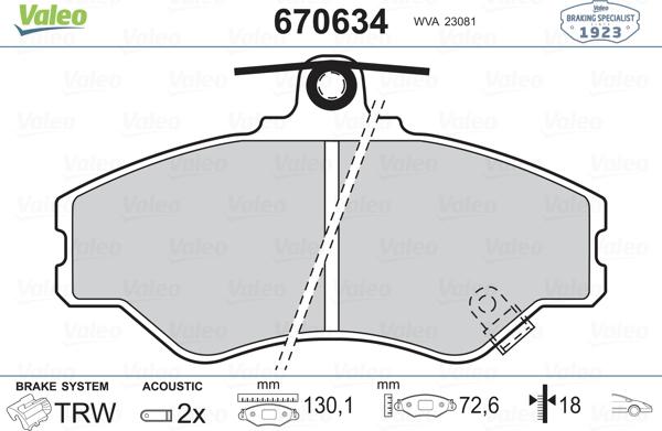 Valeo 670634 - Комплект спирачно феродо, дискови спирачки vvparts.bg