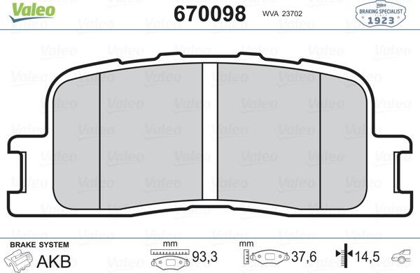 Valeo 670098 - Комплект спирачно феродо, дискови спирачки vvparts.bg