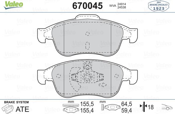 Valeo 670045 - Комплект спирачно феродо, дискови спирачки vvparts.bg