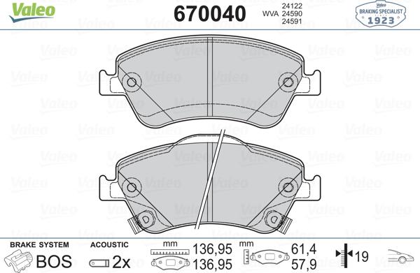 Valeo 670040 - Комплект спирачно феродо, дискови спирачки vvparts.bg