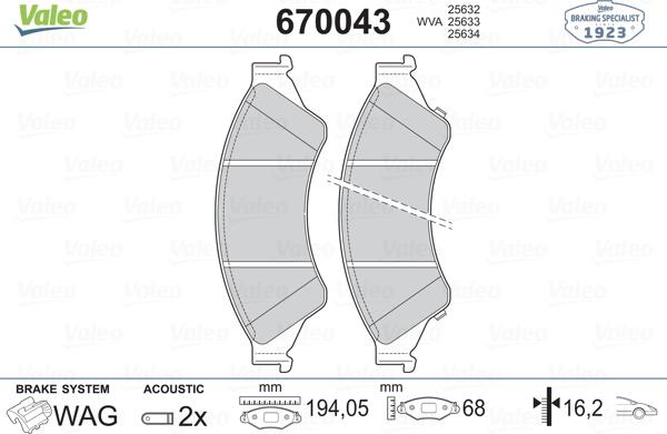 Valeo 670043 - Комплект спирачно феродо, дискови спирачки vvparts.bg