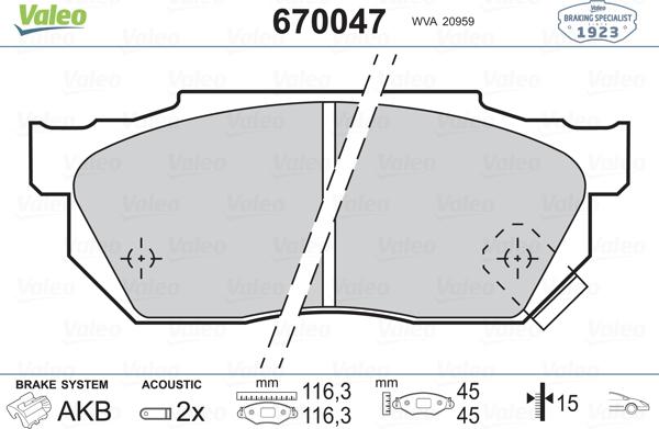 Valeo 670047 - Комплект спирачно феродо, дискови спирачки vvparts.bg