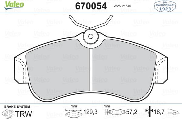 Valeo 670054 - Комплект спирачно феродо, дискови спирачки vvparts.bg