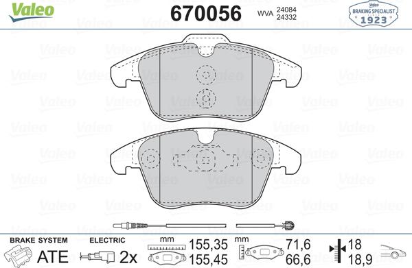 Valeo 670056 - Комплект спирачно феродо, дискови спирачки vvparts.bg