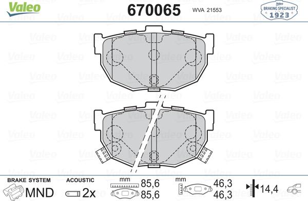 Valeo 670065 - Комплект спирачно феродо, дискови спирачки vvparts.bg