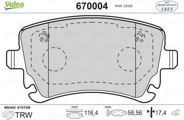 Valeo 670004 - Комплект спирачно феродо, дискови спирачки vvparts.bg