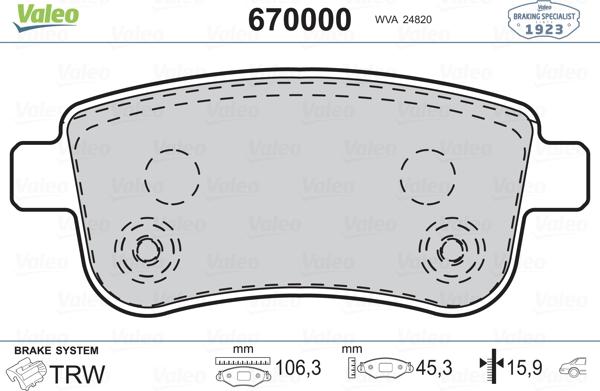 Valeo 670000 - Комплект спирачно феродо, дискови спирачки vvparts.bg