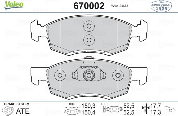 Valeo 670002 - Комплект спирачно феродо, дискови спирачки vvparts.bg