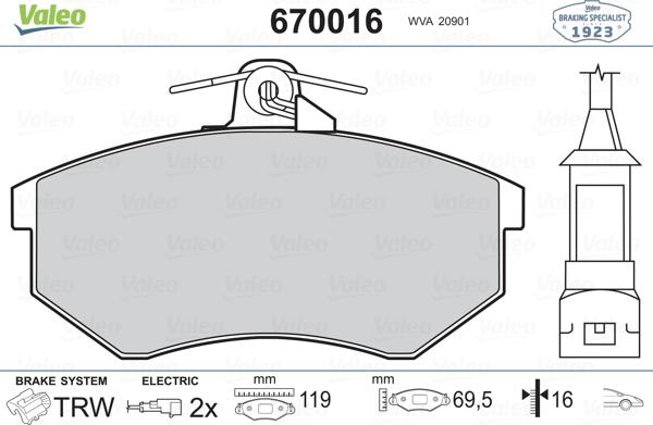 Valeo 670016 - Комплект спирачно феродо, дискови спирачки vvparts.bg