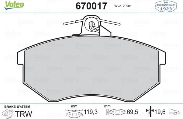 Valeo 670017 - Комплект спирачно феродо, дискови спирачки vvparts.bg