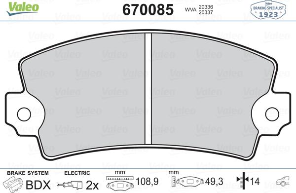 Valeo 670085 - Комплект спирачно феродо, дискови спирачки vvparts.bg