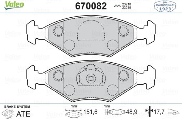 Valeo 670082 - Комплект спирачно феродо, дискови спирачки vvparts.bg