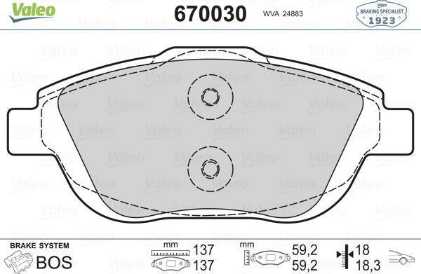 Valeo 670030 - Комплект спирачно феродо, дискови спирачки vvparts.bg