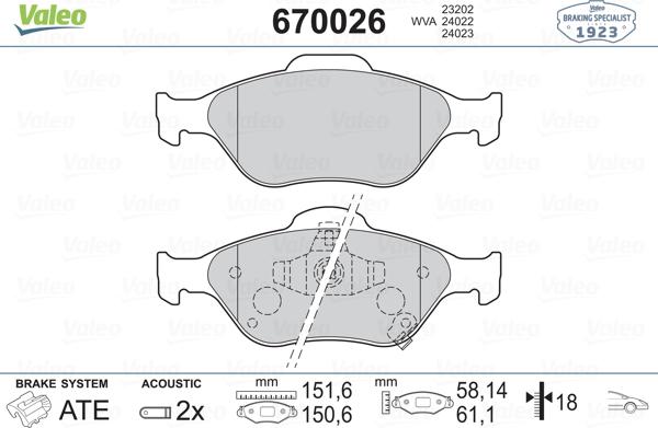 Valeo 670026 - Комплект спирачно феродо, дискови спирачки vvparts.bg