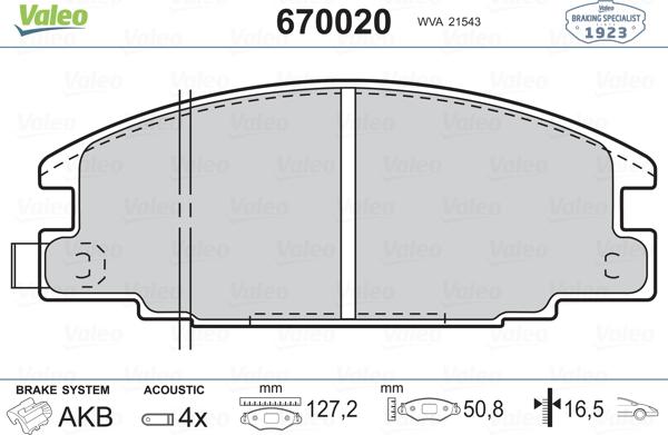 Valeo 670020 - Комплект спирачно феродо, дискови спирачки vvparts.bg