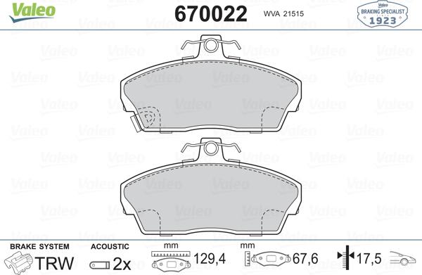 Valeo 670022 - Комплект спирачно феродо, дискови спирачки vvparts.bg