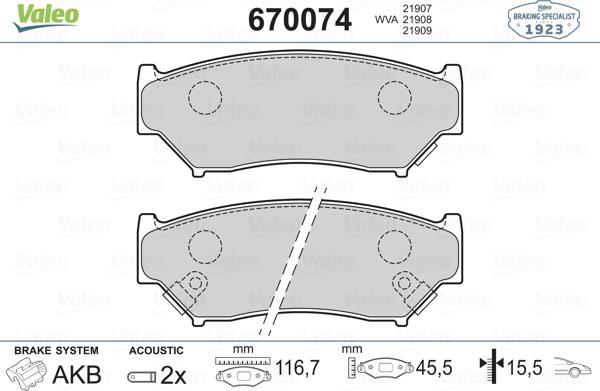 Valeo 670074 - Комплект спирачно феродо, дискови спирачки vvparts.bg