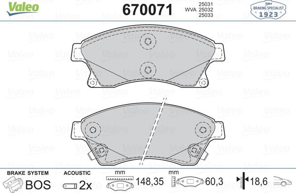 Valeo 670071 - Комплект спирачно феродо, дискови спирачки vvparts.bg