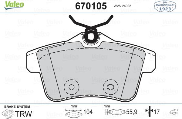 Valeo 670105 - Комплект спирачно феродо, дискови спирачки vvparts.bg