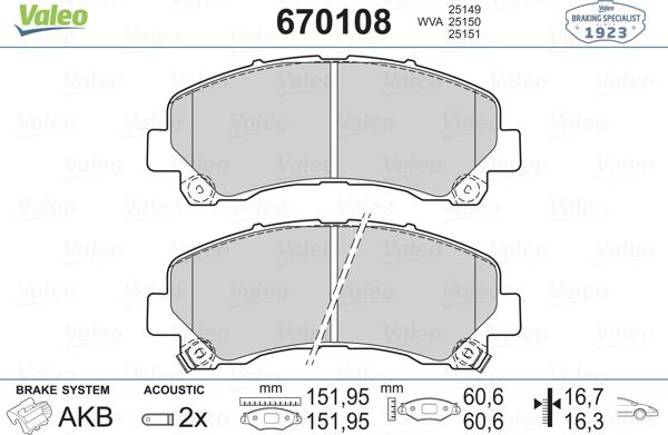 Valeo 670108 - Комплект спирачно феродо, дискови спирачки vvparts.bg