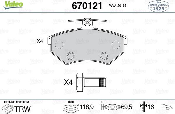 Valeo 670121 - Комплект спирачно феродо, дискови спирачки vvparts.bg