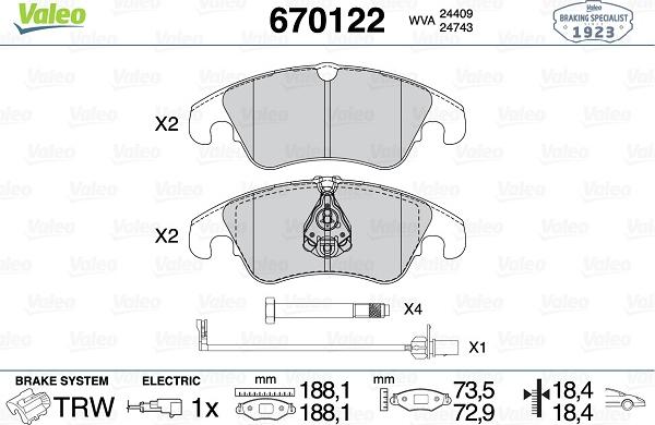 Valeo 670122 - Комплект спирачно феродо, дискови спирачки vvparts.bg