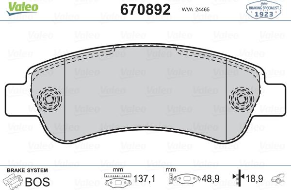 Valeo 670892 - Комплект спирачно феродо, дискови спирачки vvparts.bg