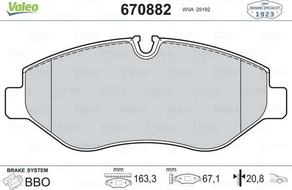 Valeo 670882 - Комплект спирачно феродо, дискови спирачки vvparts.bg