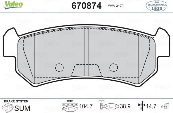 Valeo 670874 - Комплект спирачно феродо, дискови спирачки vvparts.bg